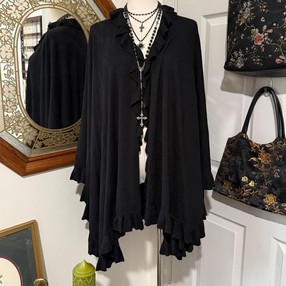 Joseph A Black Soft Knit Rufffle Edge Gothic Witchy Shawl XL/OS